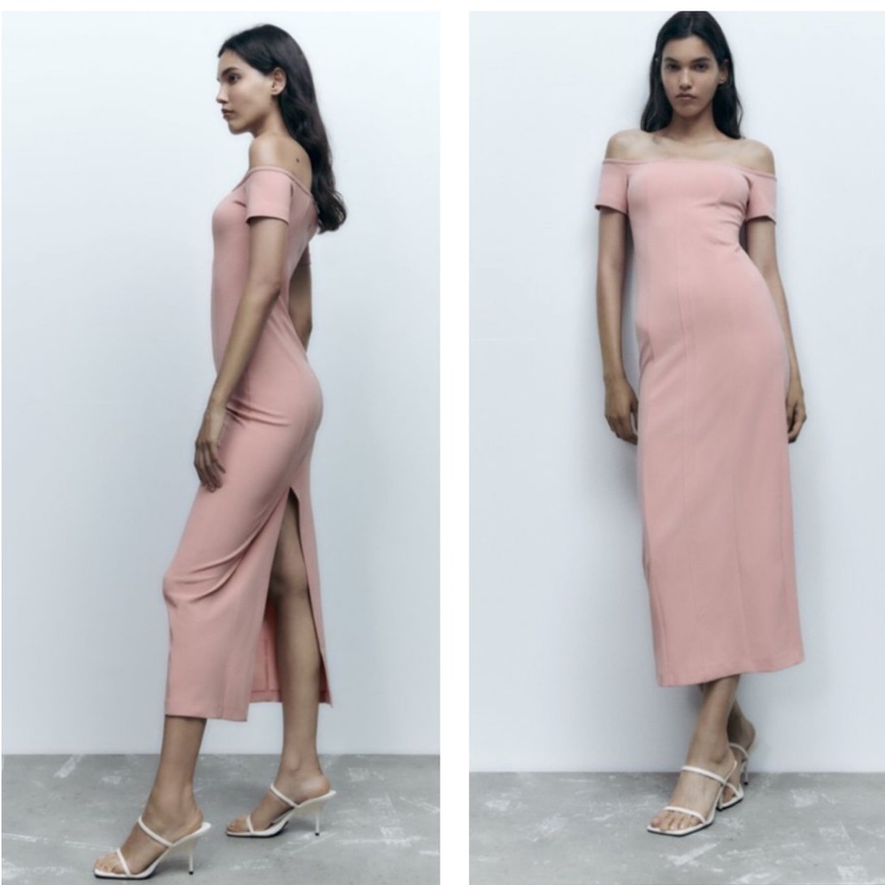 ZARA Off Shoulder TOPSTITCHED MIDI DRESS PALE PINK